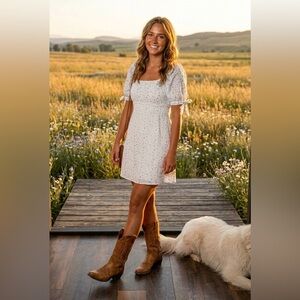 Paper Crane White Floral Square-Neck Puff Sleeve Mini Dress